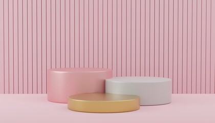Obraz na płótnie Canvas 3d illustration with geometric pink pastel cylinder podium platform for cosmetic pedestal product presentation.Mock up design empty space. Abstract composition in pastel background modern style