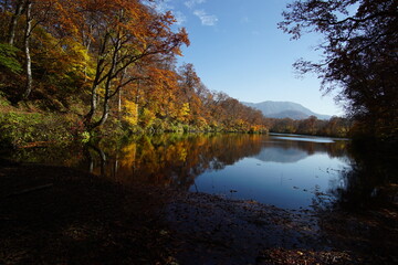 Naklejka premium Beautiful lake reflection in autumn landscape at Northern Alps of Japan, Otari, Nagano