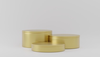 Gold podiums on white background. Abstract pedestal scene with geometrical. Scene to show cosmetic products presentation. Mock up design empty space. Showcase,shopfront,display case,3d render