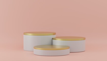 Gold podiums on pastel background. Abstract pedestal scene with geometrical. Scene to show cosmetic products presentation. Mock up design empty space. Showcase,shopfront,display case,3d render