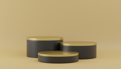 Gold podiums on yellow background. Abstract pedestal scene with geometrical. Scene to show cosmetic products presentation. design empty space. Showcase,shopfront,display case,3d render