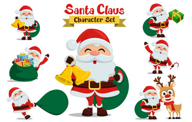 Santa claus character vector set. Santa christmas cartoon characters holding sack of gifts, bell and candy cane elements for xmas holiday collection design. Vector illustration  