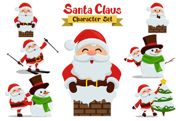 Santa claus vector characters set. Santa cartoon christmas character in snow winter activity like skating, making snow man and christmas tree isolated for xmas collection design. Vector illustration