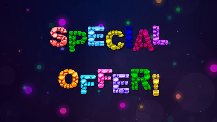 Colored 3d rendering special offer card with letters which filling with balloons