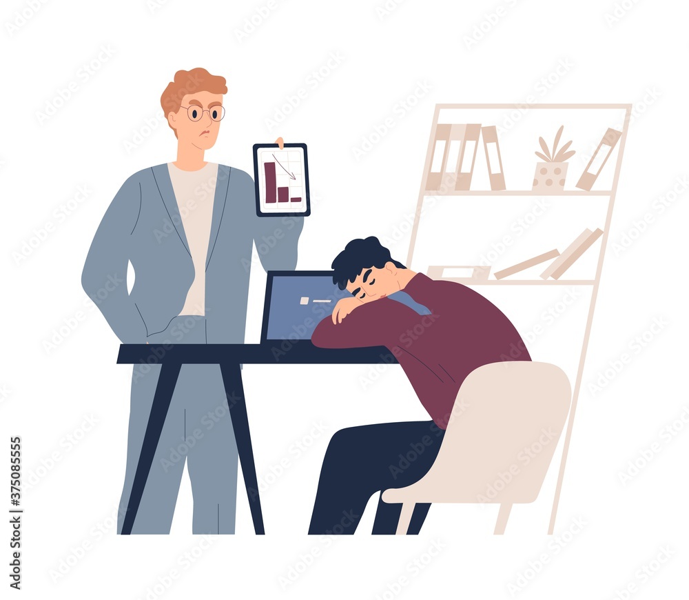 Poster Scene of unsatisfactory work or bad result. Angry boss showing progress chart or graph with failure to unmotivated office worker lying at workplace. Flat vector cartoon illustration isolated on white