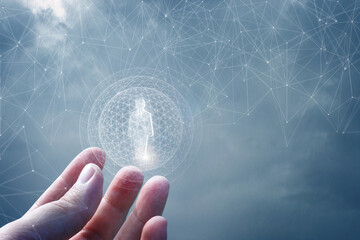 The hand shows a hologram of the employee .
