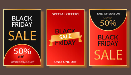 Black friday sale poster set. Luxury design with gold letters on a colored background. Lux business promotion
