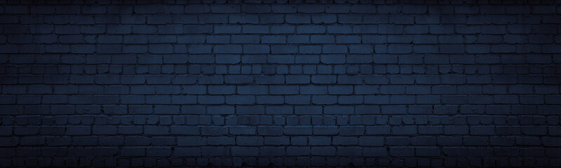Navy blue brick wall wide texture. Dark indigo masonry large long background. Gloomy night backdrop - obrazy, fototapety, plakaty