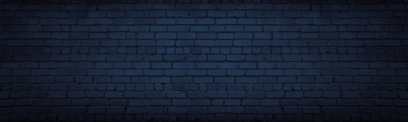 Zelfklevend Fotobehang Bakstenen muur Marineblauwe bakstenen muur brede textuur. Donker indigo metselwerk grote lange achtergrond. Sombere nacht achtergrond