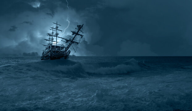 Sailing old ship in storm sea on the background heavy clouds with lightning