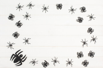 Fototapeta na wymiar Halloween decorations with spiders on white background.