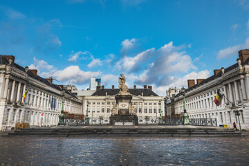 Fototapeta na wymiar Place des Martyrs is a neoclassical square that refers to the martyrs of the Belgian Revolution. Cobbled square of Martelaarsplein features elegant neoclassical architecture - Brussels, Belgium