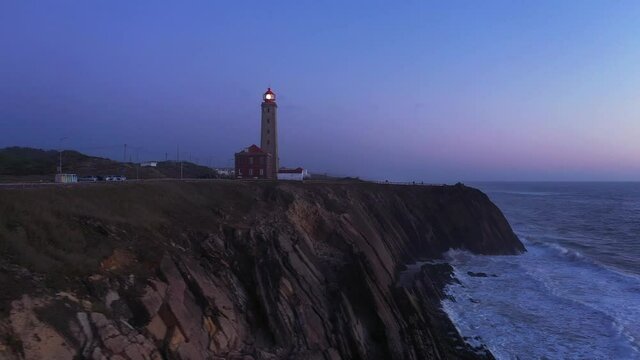 Portugal, lighthouse blue hour aerial pano left to right