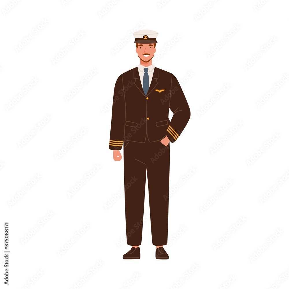 Poster smiling male aircraft pilot in modern uniform and cap vector flat illustration. happy man aircrew ca