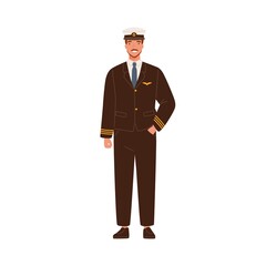 Smiling male aircraft pilot in modern uniform and cap vector flat illustration. Happy man aircrew captain or aviator with mustache and beard standing isolated on white. Professional airman posing