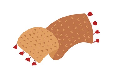 home knitted blanket. Cozy light soft clothes for rest. Delicate beige colors. Vector cartoon illustration.