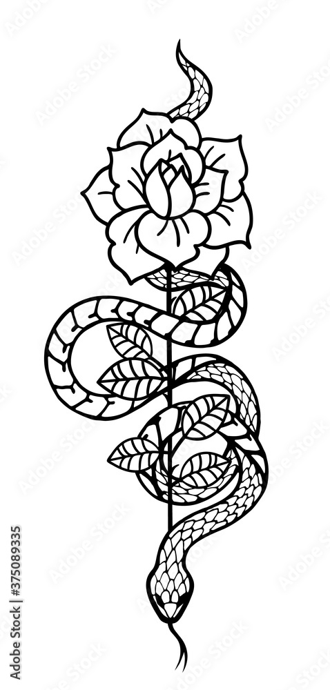 Wall mural tattoo with rose and snake. traditional black style ink.