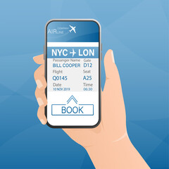 Airline tickets online with hands and smartphone in flat style. Isolated vector illustration.