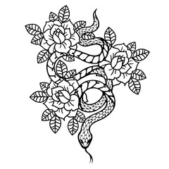 Tattoo with rose and snake. Traditional black style ink.