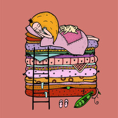 Princess on the Pea with a pug. Blankets and pillows. © Iuliia Danilova