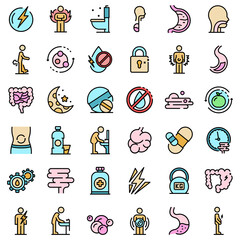 Digestion icons set. Outline set of digestion vector icons thin line color flat on white