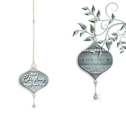 Fototapeta na wymiar Luxury green pink Christmas baubles with jewelry decoration hanging against white background. Text Merry Christmas Happy New Year. Copy space. Place for text, mock up. 3D illustration