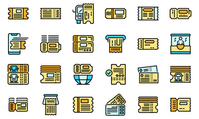 Bus ticketing icons set. Outline set of bus ticketing vector icons thin line color flat on white