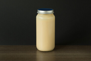 Glass jar with metal lid on black background, nock-up, isolated, container, product, ingridient, baby food