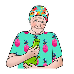 Nice old woman with bong on white background. Hand drawn illustration. Cannabis legalization concept.