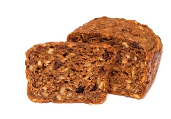 Cereal bread with raisins on a white background.