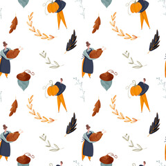 Cozy kawaii autumn square seamless pattern for donation day on white background isolate. Flat textured digital art. Print for fabric, wrapping paper, banner, clothing, postcards, wallpaper
