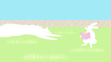 Fototapeta premium シロネコ親子のために絵本を読んでいる鳥獣戯画っぽいウサギの優しい世界