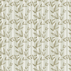 Cozy kawaii autumn leaves and branches square seamless thanksgiving pattern on green background. Flat textured digital art. Print for fabric, wrapping paper, banner, clothing, postcards, wallpaper