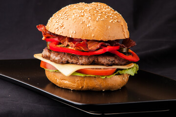 hamburger on a wooden table
