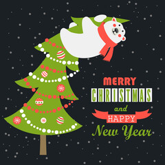 Fototapeta na wymiar Greeting card, polar bear climbed the Christmas tree