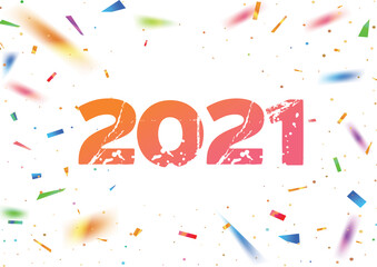 Vector party template background with the number 2021 year and colorful rainbow confetti