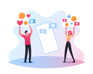 Characters Communicating via Smartphones, Internet Services for Chatting, Texting with Friends, Social Media Networking