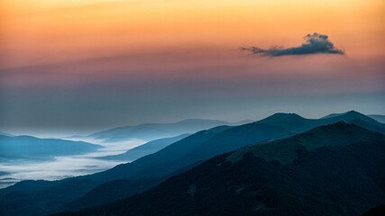 Superb mountain vista. Summer sunrise in the Carpathian Mountains. Bieszczady National Park. Poland.