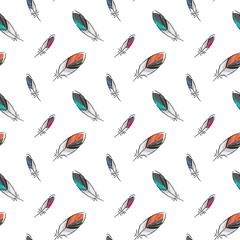 Colorful feathers vector seamless pattern on white background