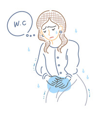 トイレに行きたい女性のイラスト（線画）
