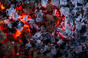 Burning coals. Close-up of decaying charcoal, barbeque season. Bright flashes of fiery flames. Burning hot coals and wood in the night. Red coals burned in the bonfire.