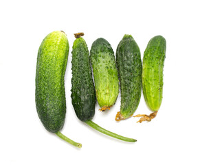 Green gherkins cucumbers isolated on a white background.