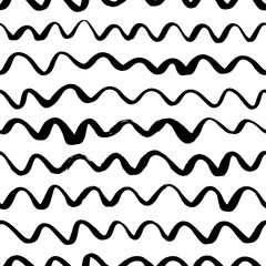 Wavy vector lines seamless pattern. Horizontal grunge brush strokes, swirls, curls. Black paint hand drawn curved and wavy lines. Abstract wrapping paper, textile design. Geometric ornament