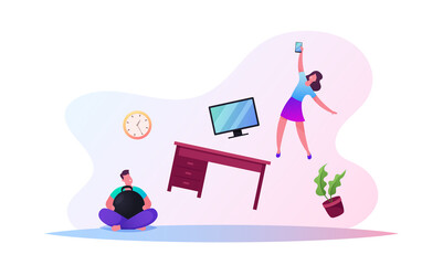 Male and Female Characters in Living Room with Zero Gravity Flying Furniture, Tv Set and Table, Man Holding Dumbbell