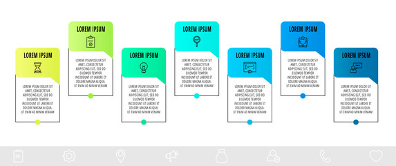 Line vector infographic design with 7 dialogs, icons. Template used for diagram, business, web, workflow layout, presentations, info graph, timeline, content, levels, chart, processes diagram