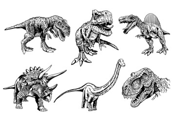 Hand-drawn set of  dinosaurs isolated on white, vector illustration