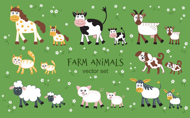 Cartoon farm animals set. Vector illustration. Vector animals collection isolated on white background: goat, sheep, cow, donkey, horse, pig, cat, dog.