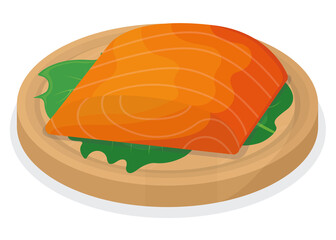 Piece fish tuna salmon, fresh steak tenderloin on wooden kitchen board isolated on white, cartoon vector illustration. Healthy fat seafood stuff icon food.