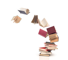 flying open books out off stack isolated