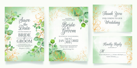 Fototapeta na wymiar wedding invitation card template set with watercolor decoration